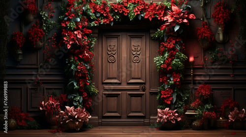 Blooming Beauty: A Serene Scene of Vibrant Flowers Adorning a Polished Wooden Door Against a Wall, Infusing Charm and Elegance into the Space