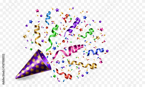 Vector exploding realistic party popper with colorful ribbons and confetti. Decor for invitation, greeting card, banner for anniversary or birthday.