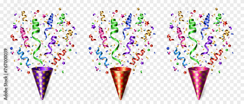 Vector exploding realistic party popper with colorful ribbons and confetti. Decor for invitation, greeting card, banner for anniversary or birthday.
