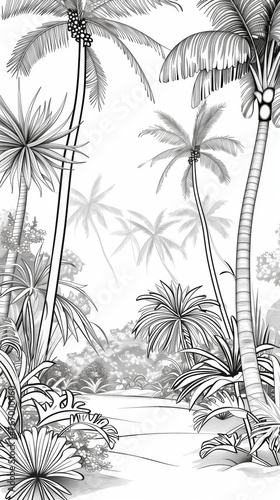 artistic monochrome sketch of lush tropical rainforest foliage