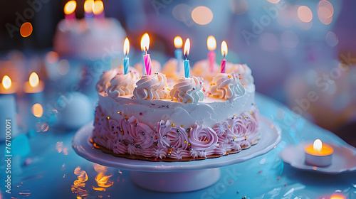 A birthday cake  with colorful candles as the background  during a joyous celebration