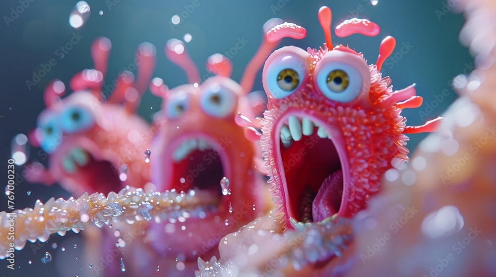 Visualize a 3D close-up of a group of bacteria characters looking ...