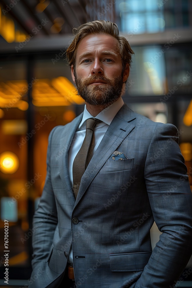 A confident businessman with a beard and styled hair, in a sharp gray suit, stands in a modern office setting with warm ambient lighting.