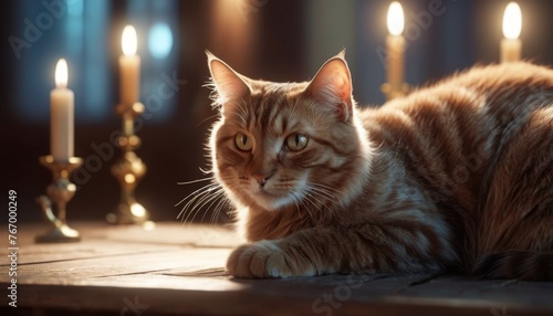 An amber-striped cat lies gracefully beside flickering candles, casting a contemplative glance. The candlelight illuminates the intricate patterns of its luxurious coat. AI generation AI generation © Anastasiia