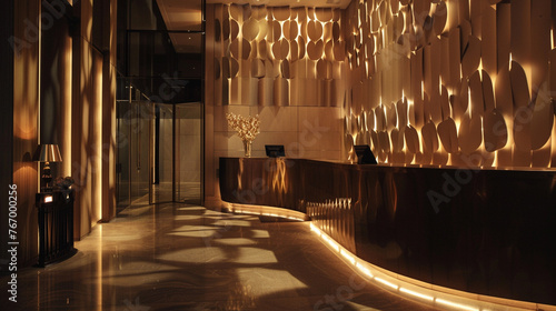 Cinematic allure fills the lobby, as dramatic lighting plays upon the architectural intricacies of the reception desk, casting captivating shadows and igniting curiosity. photo