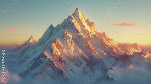 Majestic Sunrise Over Snow-Capped Mountain Peaks © artem