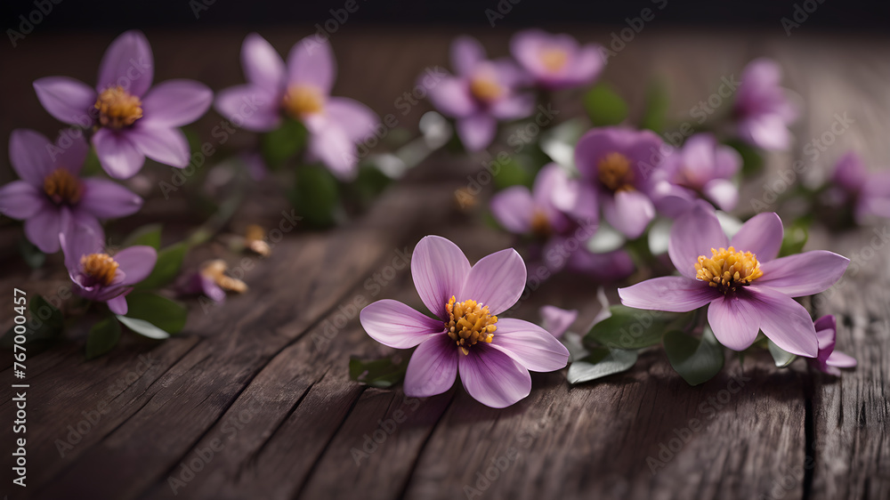 Fototapeta premium Fresh flowers with Frame on wooden background with with empty space for greeting message. Love and greeting concept design. AI generated image, ai