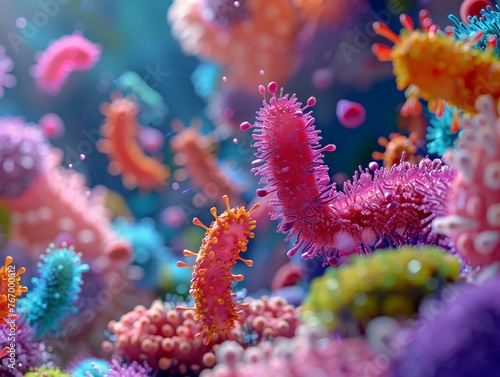 Visualize a 3D setting where skin bacteria characters are hosting a seminar for young skin cells, teaching them about the importance of hydration and pH balance, vibrant color