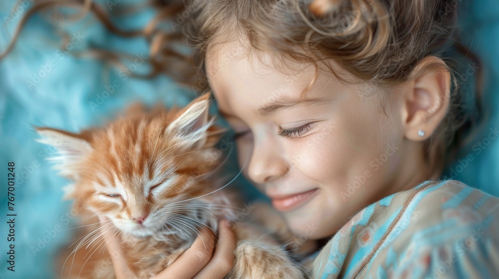 Warm embrace with a cozy ginger kitten on a soft blue background Warm embrace with a cozy ginger kitten on a soft blue background