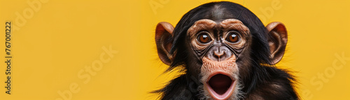 Cute, surprised monkey with large, captivating eyes on yellow background. Ideal for promotions, great deals or offers. Good price, Black Friday, discount. Copy space for text.