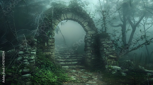 Enter the Mystical: Archway Amid Enchanted Forest, Embraced by Dark Mist