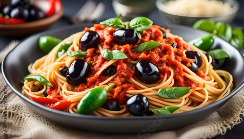 Delicious spaghetti with red sauce, black olives and green and red peppers. 