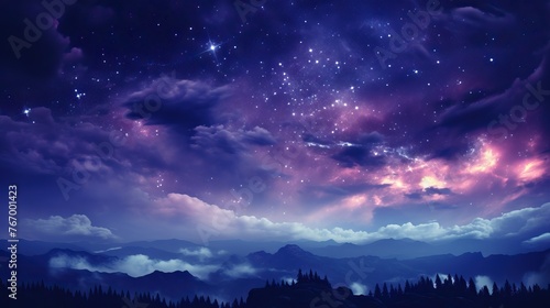 Mystical clouds and a star-studded sky converge above serene mountain peaks