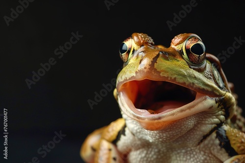 Vivid close-up of a frog with a startled expression against a black backdrop, ideal for educational content, wildlife themes, and creative projects. Copy space for text. Surprised frog.