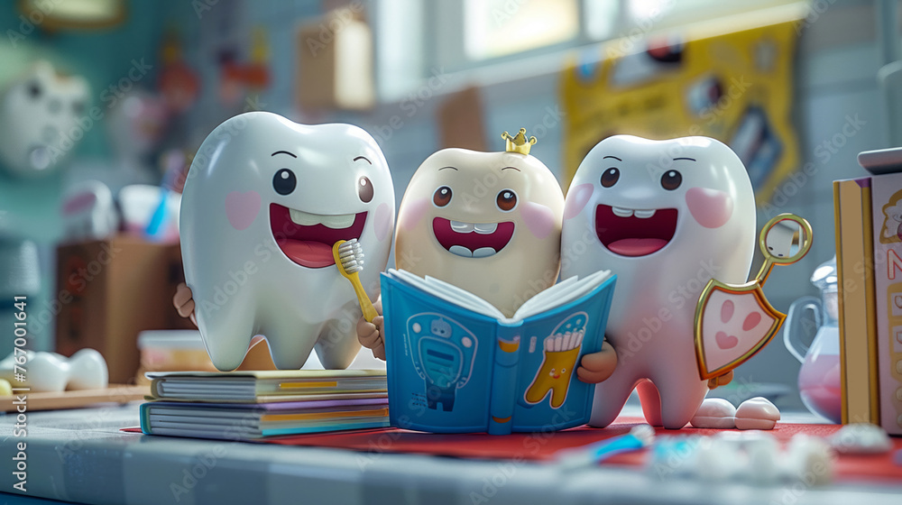 Visualize three tooth characters sitting on a clinic counter, with one ...