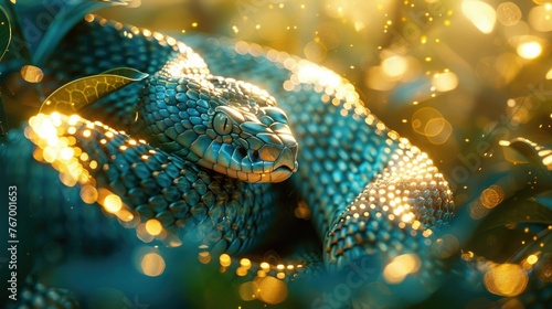 The intricate pattern of scales on a snake's skin, shimmering in the dappled sunlight as it slithers through the undergrowth with effortless grace. photo