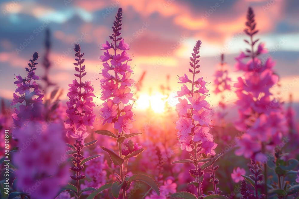 A Serene Evening with Blooming Pink Flowers Under the Sunset Sky A Serene Evening with Blooming Pink Flowers Under the Sunset Sky
