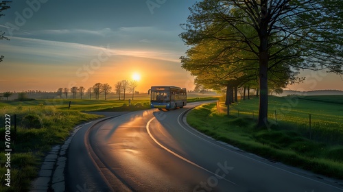 Asphalt Road Trip  Bus Travels Through Rural Landscape at Sunset