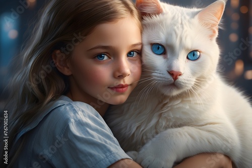 A young girl with piercing blue eyes gazes lovingly at her beloved white cat, their bond captured in a stunning portrait 