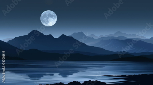 Serene Moonlit Lake with Majestic Mountain Range Silhouette © artem