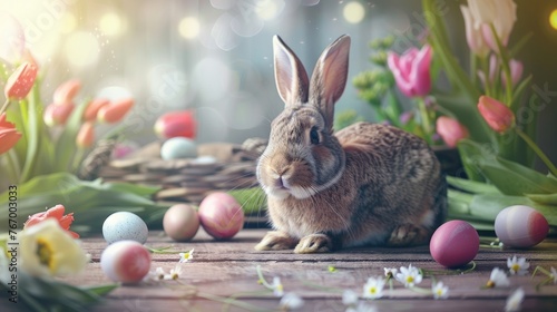 happy rabbit, with a few easter eggs in a beautiful studio background with tulips and spring decorations © Suzy