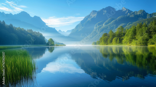 Serenity at dawn: tranquil mountain lake with mist and reflections