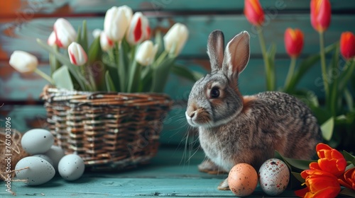 happy rabbit, with a few easter eggs in a beautiful studio background with tulips and spring decorations © Suzy