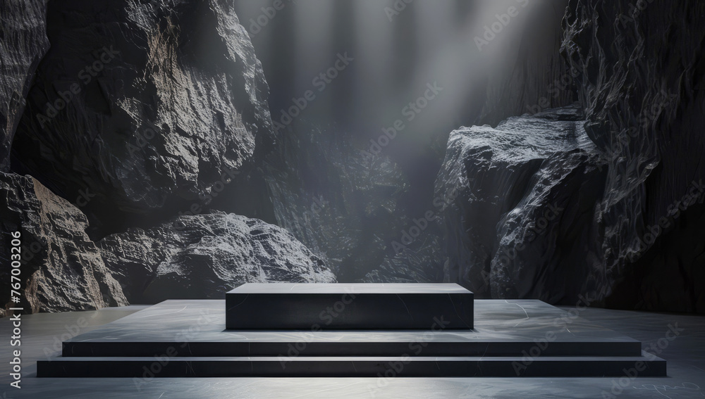 Empty stage set in a dramatic mountainous cave with natural lighting