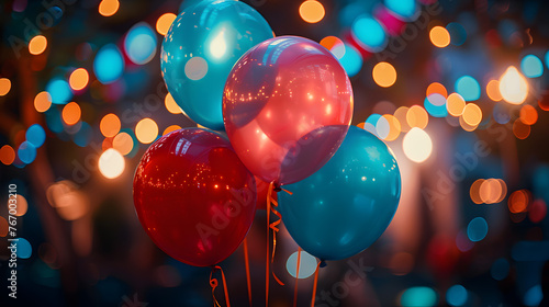 A photo of balloons, with a festive atmosphere as the background, during a lively party