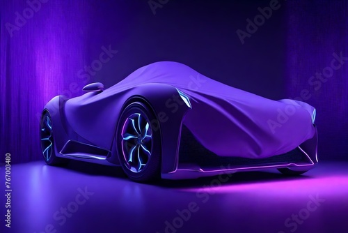 Presentation Of Car Covered With Cloth on Dark Illuminated By Violet Neon Light Background. 3d rendering © MISHAL