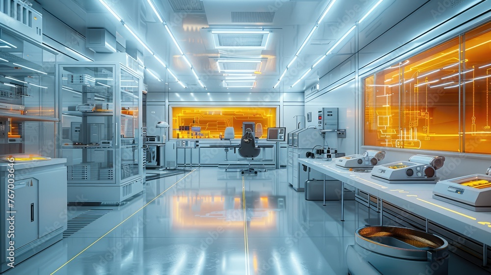 The blueprint of a futuristic laboratory where human optimization is conducted. filled with minimalistic, high-tech equipment highlighted in neon yellow and orange. Generative AI.