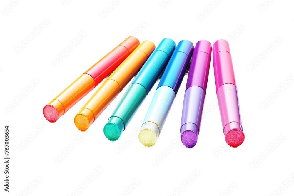 Five Different Colored Pens Lined Up in a Row. On a Clear PNG or White Background. Five Different Colored Pens Lined Up in a Row. On a Clear PNG or White Background.