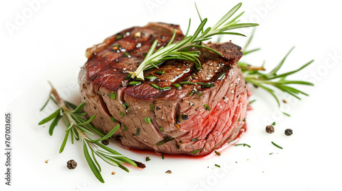 Grilled beef fillet steak seasoned with rosemary, displayed on white.