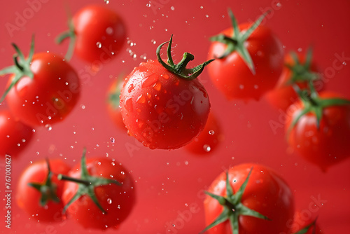 Fresh tomatoes levitating with water droplets against a red gradient background © PLATİNUM