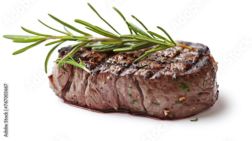 Grilled beef fillet steak topped with rosemary, isolated on white.