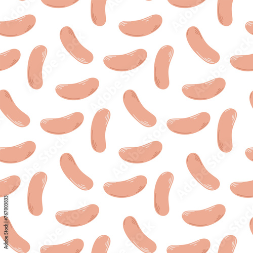 Raw meat sausages seamless pattern. Background with chicken or pork sausages. Print meat products, vector graphics