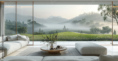 Minimalist modern living room foreground with dream tea field as background. Generative AI. © visoot