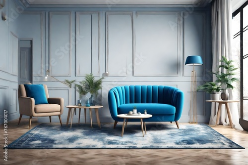 Interior of modern living room with blue armchair and coffee tables. Home design. 3d rendering © MISHAL