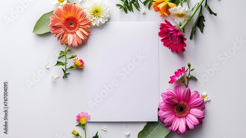 An arrangement of colorful gerbera daisies and chamomile flowers frame a blank note card on a white background. The perfect image for a spring or summer greeting card or invitation.