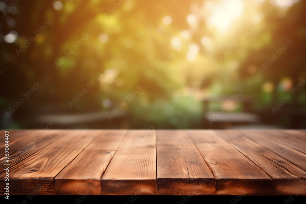 Empty wooden deck in front of a blurred background. PEmpty product display podium. Generative AI Empty wooden deck in front of a blurred background. PEmpty product display podium. Generative AI