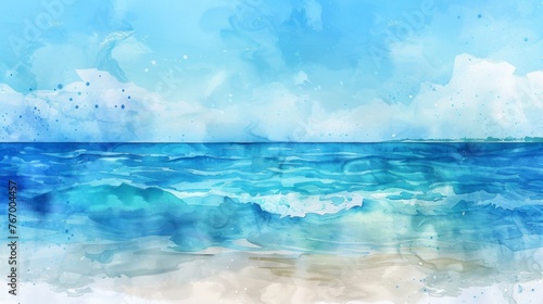 Blue Watercolor Coastal Seascape. Summer beach watercolor background