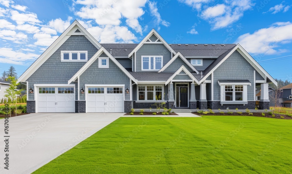 Stylish modern home exterior with a perfectly manicured green lawn under a clear sky, Stylish modern home exterior with a perfectly manicured green lawn under a clear sky,