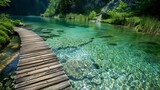 Scenic Boardwalk by Clear Water: Serene Views Along the Wooden Path
