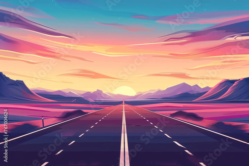 Pastel sky at dawn over an empty road flanked by mountains