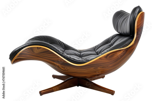 Wooden and Black Leather Lounge Chair. On a Clear PNG or White Background.