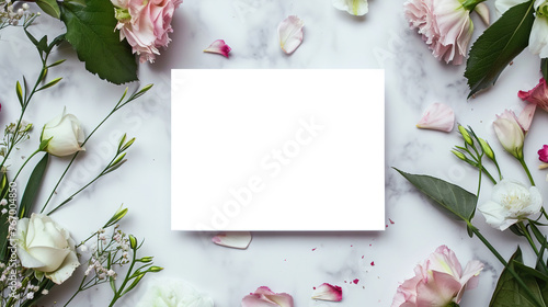 Mockup of white stationery card on white table with frame of spring white and pink flowers. Greeting card template with blank letterhead in the center and delicate spring cherry blossoms  peach