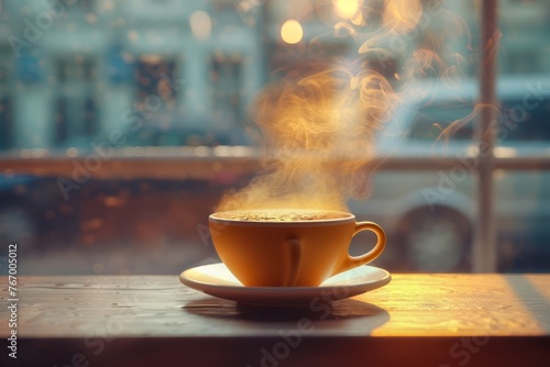 Warm Inviting Cup of Coffee with Steam Rising by Window Cozy Cafe Aesthetic with Urban Street View