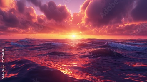 The sun is setting in the horizon, casting a golden light over the rolling waves of the ocean