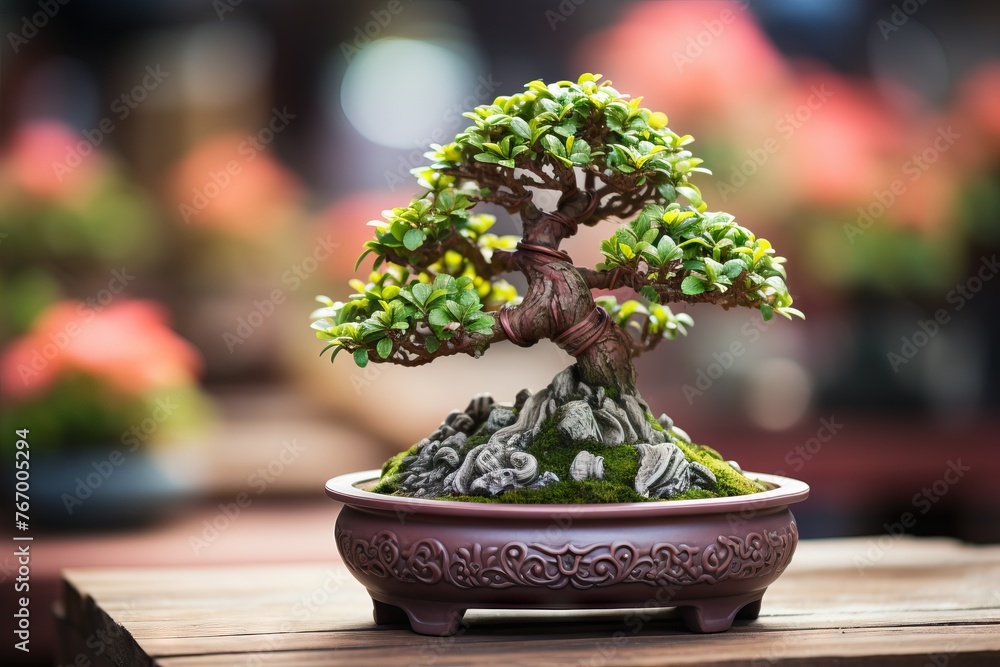 Traditional Japanese bonsai tree showcasing intricate design and craftsmanship on a wooden table Traditional Japanese bonsai tree showcasing intricate design and craftsmanship on a wooden table