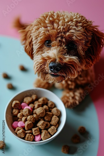 Top view of a cute dog beside a bowl filled with food photo